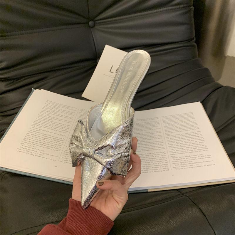 

Fashion New Bowtie Mule Shoes Women Fashion Pointed Toe Stripe Wave Slip-on Sandals Ladies Luxury Satin Silk Outdoor Flat Slippers 40 серебряный