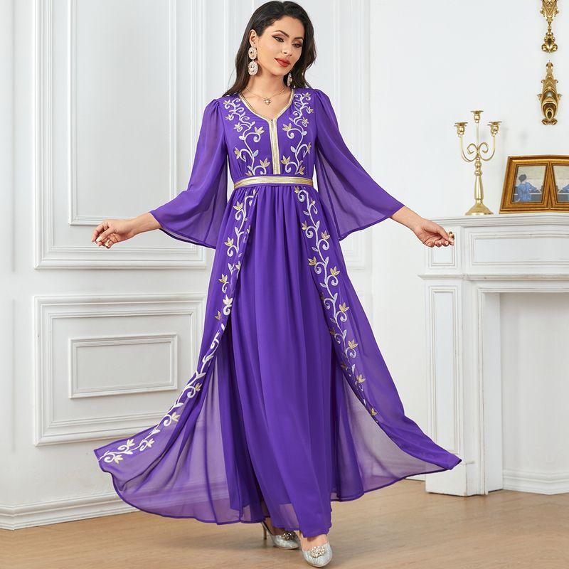 Middle East Indonesia Amazon Cross-Border Chiffon Formal Dress Embroider Dubai Robe Long Sleeves Dress Dresses