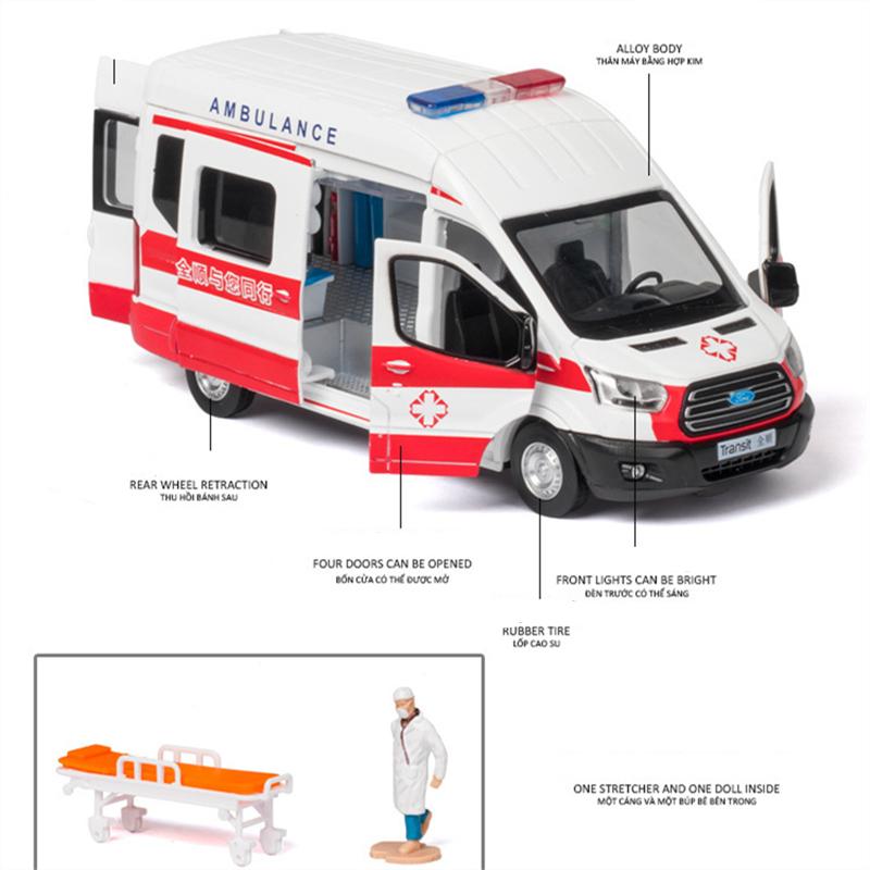 ZOXWG1 1:34 FORD Transit Alloy Ambulance Vehicles Car Model Diecast Metal Toy Broadcast Car Model Simulation Sound and Light Kids Gifts