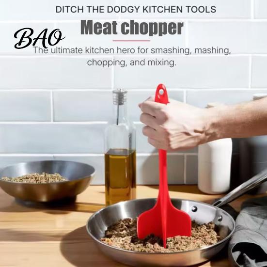 Labor-saving Kitchen Tool Silicone Quad Meat Chopper with 4 Blade, Non-stick Long Handle Smasher, Heat Resistant Ground Beef Tool, Essentials