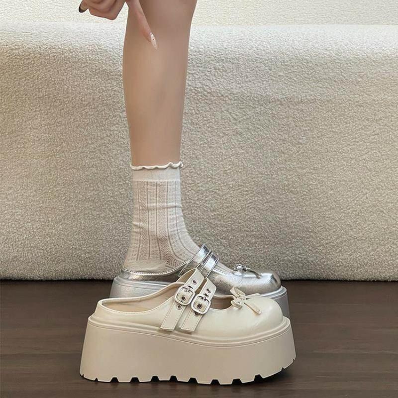 Double-button Thick-soled Round-toe Slip-on Shoes for Women, Anti-slip and Height-enhancing Shoes