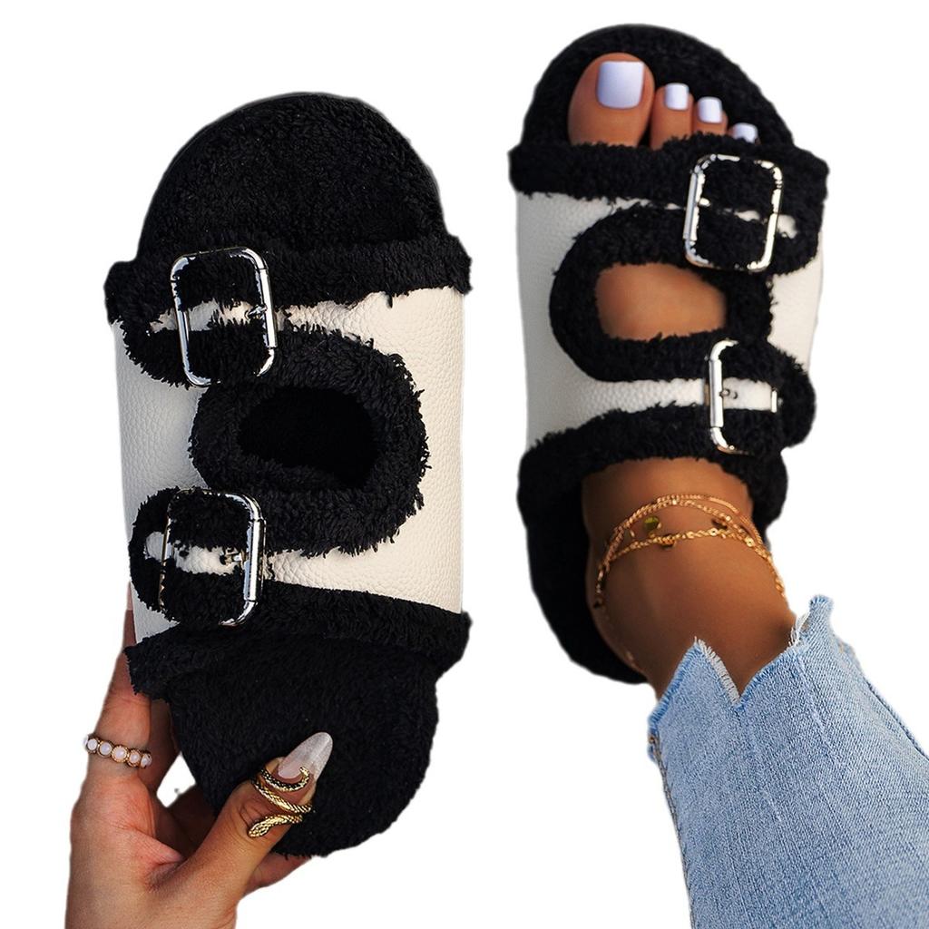 2025 thick-soled slippers foreign trade belt buckle velvet new one-word fluff drag large size lazy double buckle thick-soled women's shoes