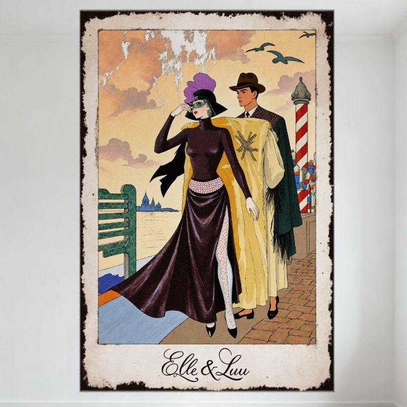 

Vintage Style Coastal Scene Metal Tin Sign - Stylish Woman in Purple Outfit & Man in 1920s Attire with Lighthouse & Seagulls, De 20x30cm（7.8x11.8inch）