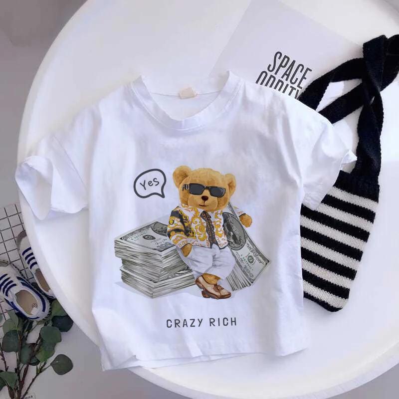 Girls Fashionable Pure Cotton TShirt with Teddy Bear Cartoon Pattern Summer Clothing Fun Childrens Wear Y2K Style