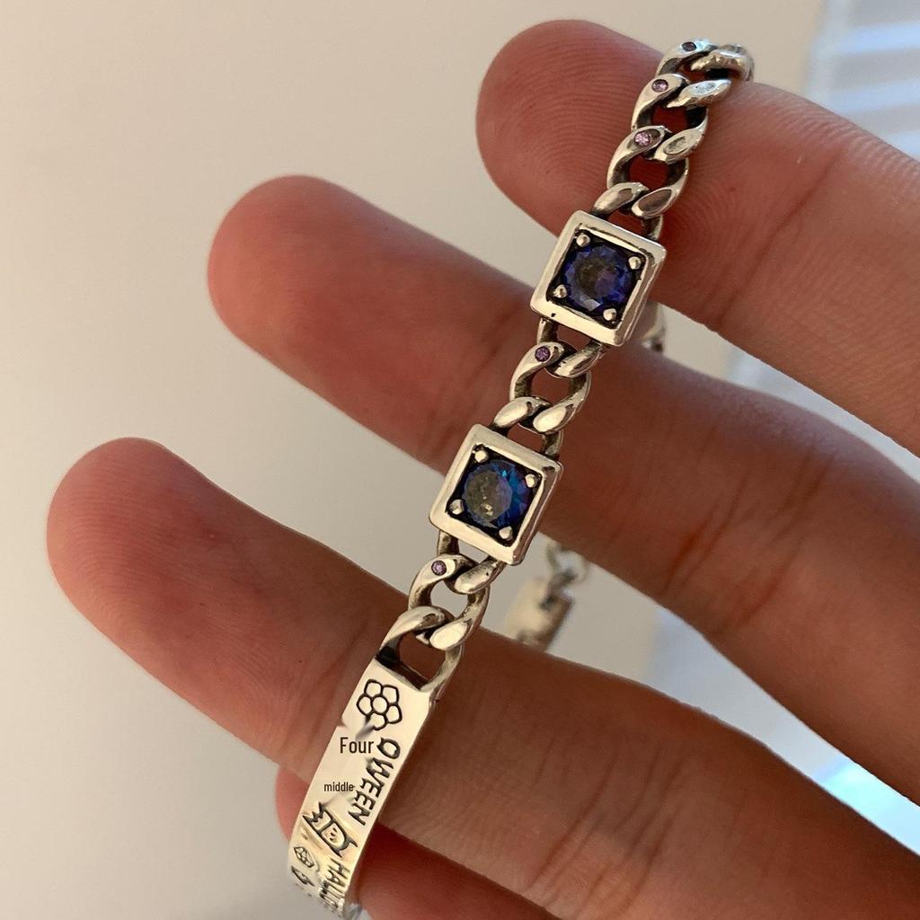 Korean Style S925 Silver Plated Retro Graffiti Patchwork Bangle - Women's Hip Hop Fashion Trend Bracelet