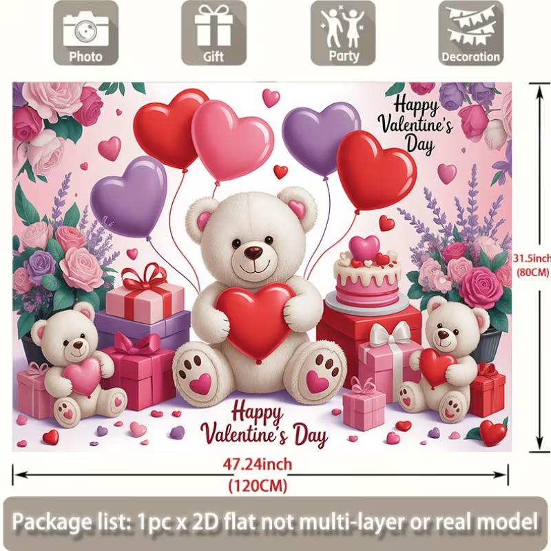 2D Happy Valentine's Day Backdrop, Teddy Bear with Heart & Cake Background
