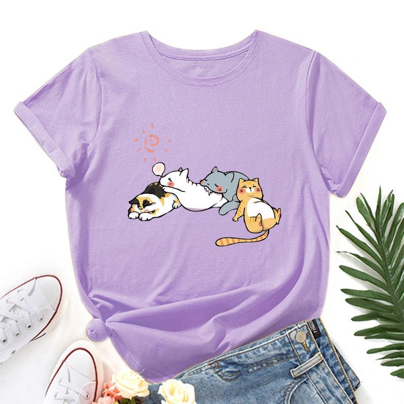 T-shirt estive da donna in cotone a maniche corte e girocollo ampio con stampa di gatto che dorme