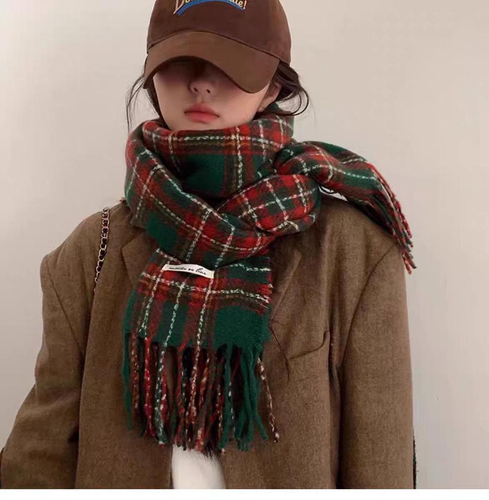 Women's Christmas Plaid Scarf - Autumn/Winter Korean-Style, Versatile Imitation Cashmere Shawl with Tassels