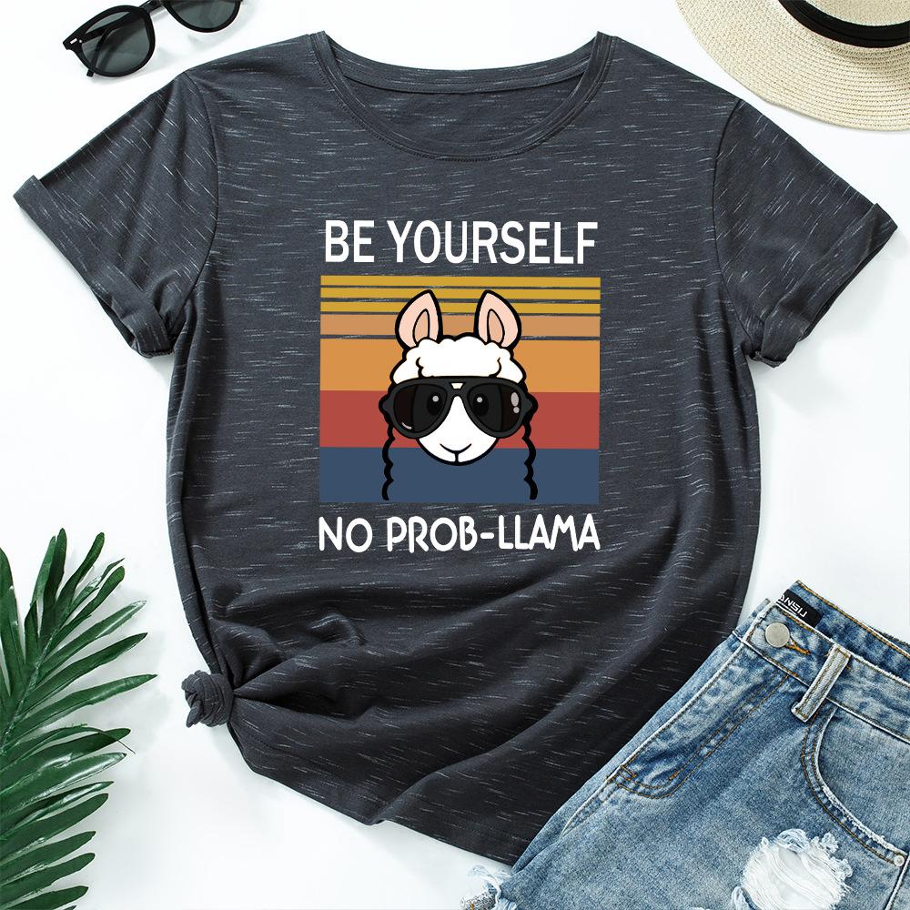 Women's Cute Alpaca Print Loose Round Neck Short Sleeved T-shirt for Women Shirt