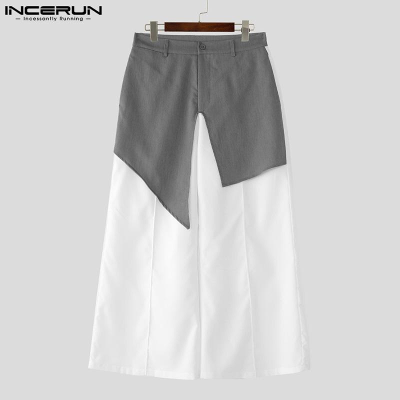 INCERUN Men Pants Casual Zip-up Waist Patchwork Long Trousers