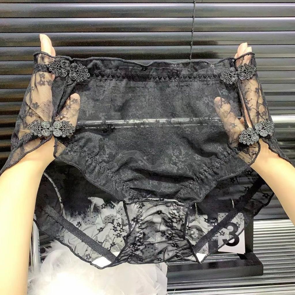 High Waisted Personalized Plus Size Lace Buckle Underwear for Women Chinese Retro Qipao Sexy Triangle Pants Mesh