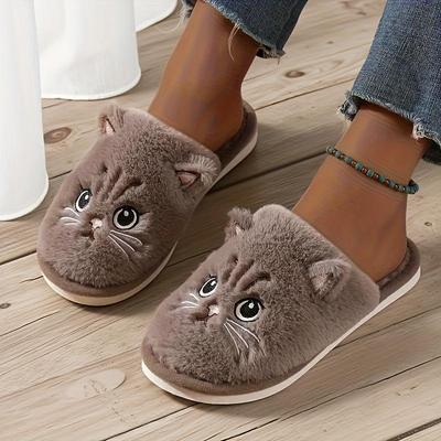 Damen Niedliche Katze Cartoon Kätzchen Muster Plüsch Warm Weich Unisex Paar Indoor Hausschuhe für Herbst und Winter