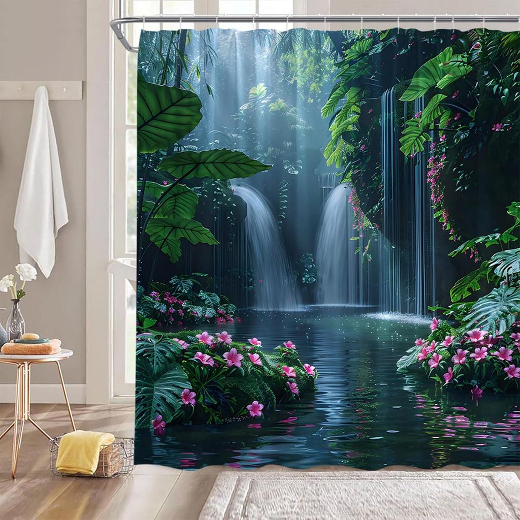 Rainforest Waterfall Shower Curtain Nature Green Tree Forest Flowers Waterfall Tropical Scenery Landscape 70" WX70 H Bathroom Decor Fabric Curtain