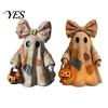 Warm Glow Decoration Light Halloween Lighted Patchwork Ghost Figurine, Light-Up Bow with Pumpkin Vintage Figurine Lantern, Ghosts Lamp for Holiday