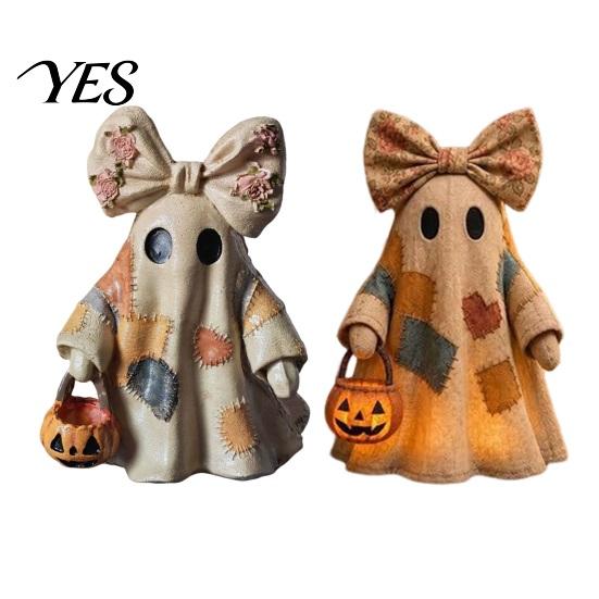 Warm Glow Decoration Light Halloween Lighted Patchwork Ghost Figurine, Light-Up Bow with Pumpkin Vintage Figurine Lantern, Ghosts Lamp for Holiday