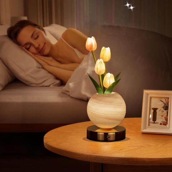 Tulip Planet Night Light Dimmable Touch Lamp with Aromatherapy Diffuser USB Rechargeable Artificial Flower