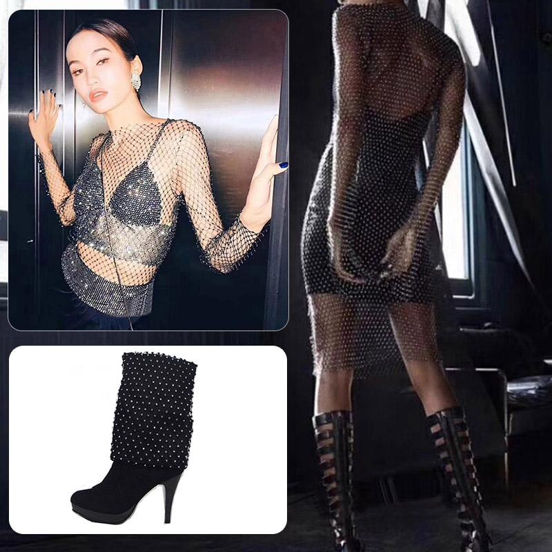 1 Yard Crystal Diamand Fishing Net Fabric Hollow Out Stretchy Mesh Lace Fabric For Sewing  Dress Bag Shoe Garment Material