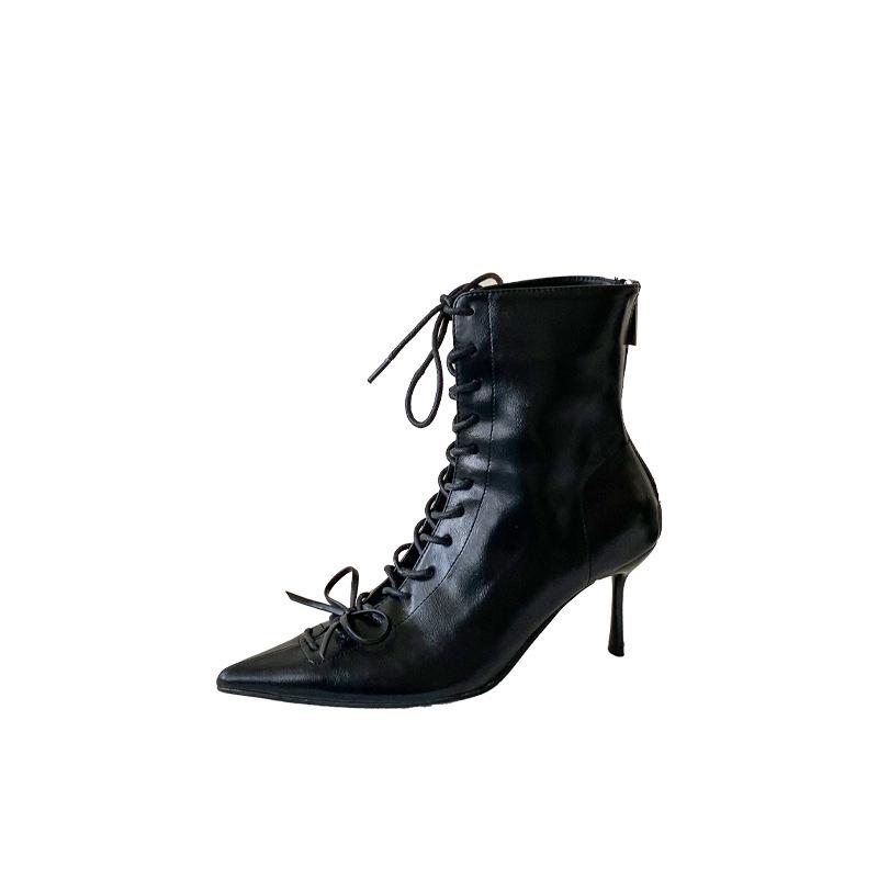 2025 Autumn New European and American Pointed Head Thin Heel High Heel Temperament French Fashion Sexy Lace-up Women's Short Boots
