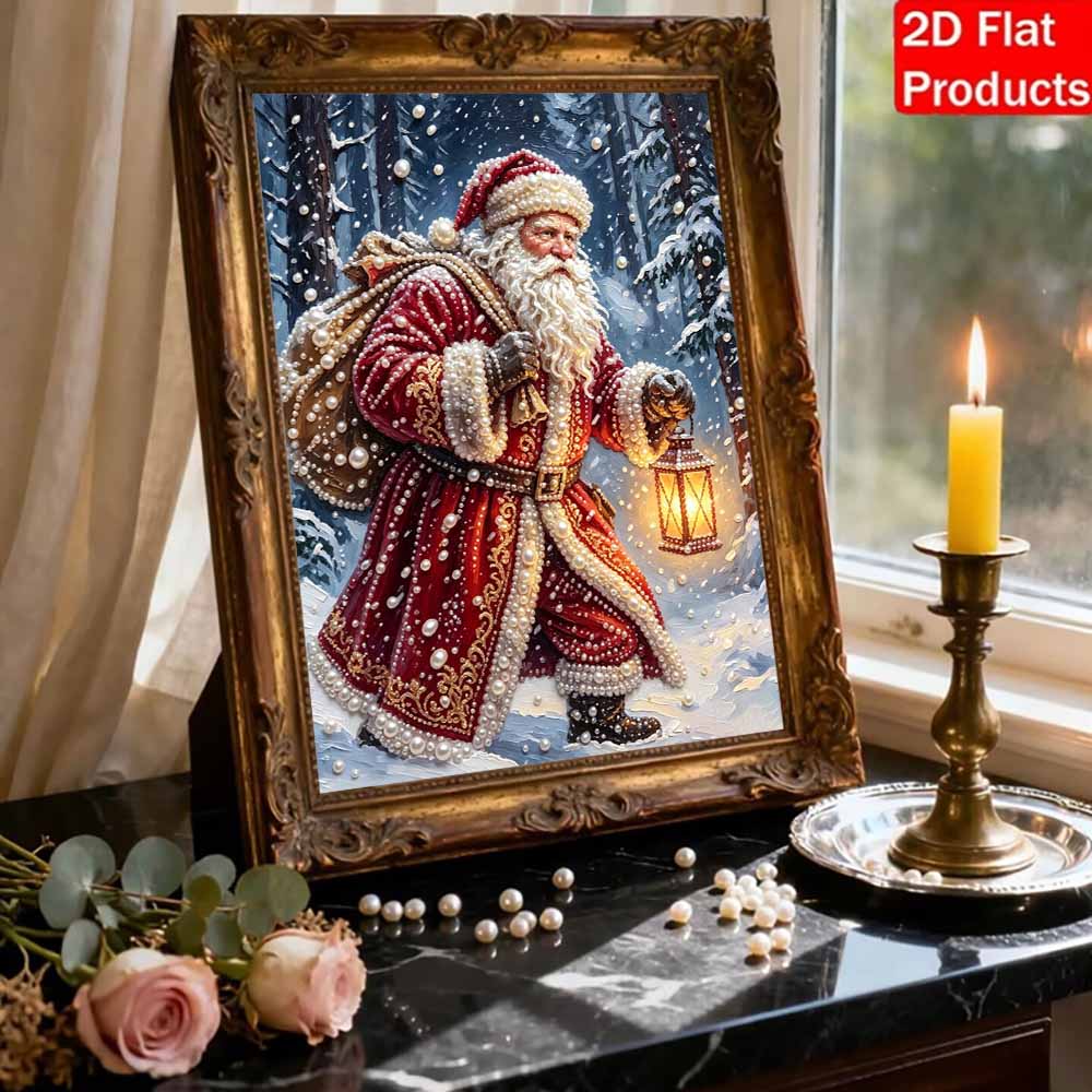 Santa Claus in Winter Forest Pearl Bead Painting Kit with Frame Shiny Canvas Art Creative Craft Home Decoration Gift for Holidays