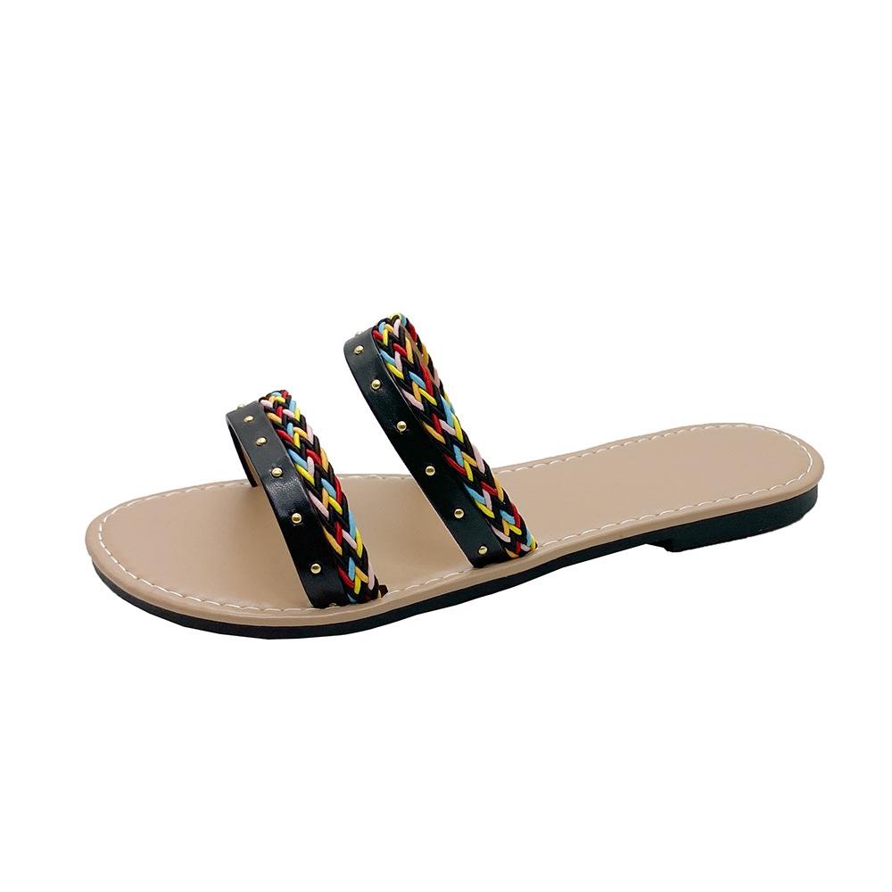 

Цветные плетеные тапочки женские лето 2024 новые плоские заклепки повседневные односложные женские пляжные классные тапочки женские 43