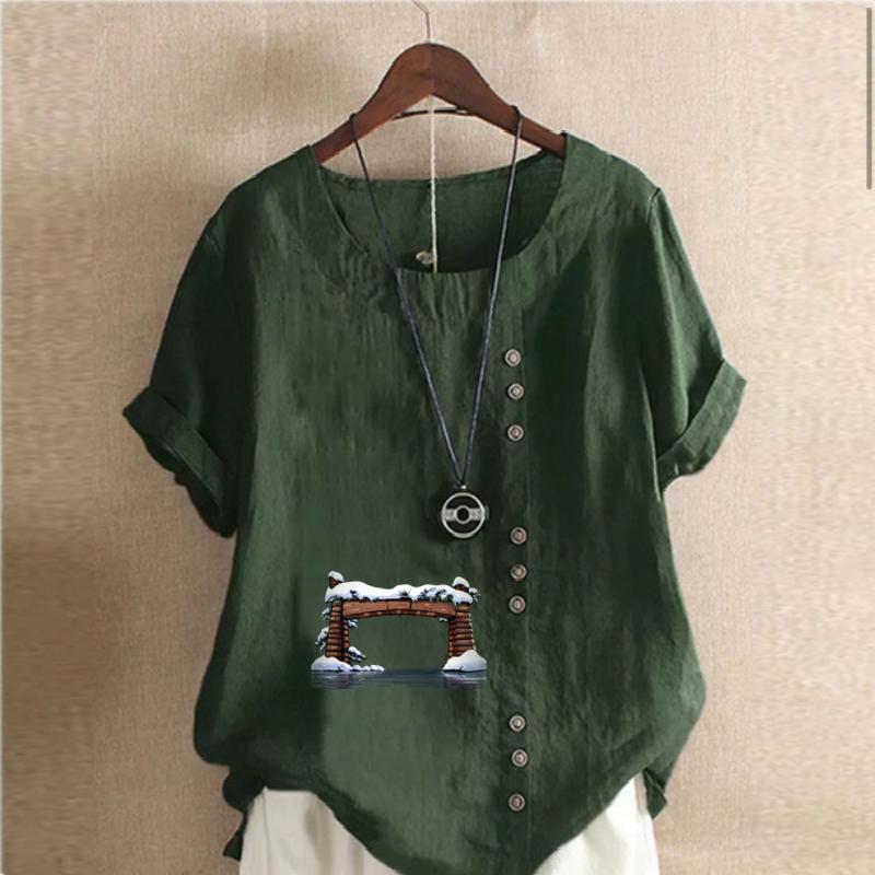 Women's Fashion Round Neck Short Sleeve T-shirt Casual Cotton Linen Graphic Shirt Leisure Loose Door Prined Summer Blouse Tops