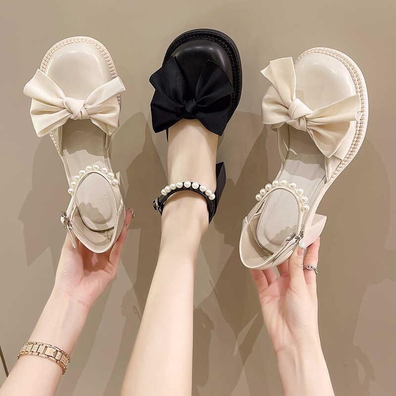 Mary Jane High Heels Women's Summer New Pearl Bow Thick Heel Non-slip Versatile Small Leather Shoes Bridesmaid Shoes