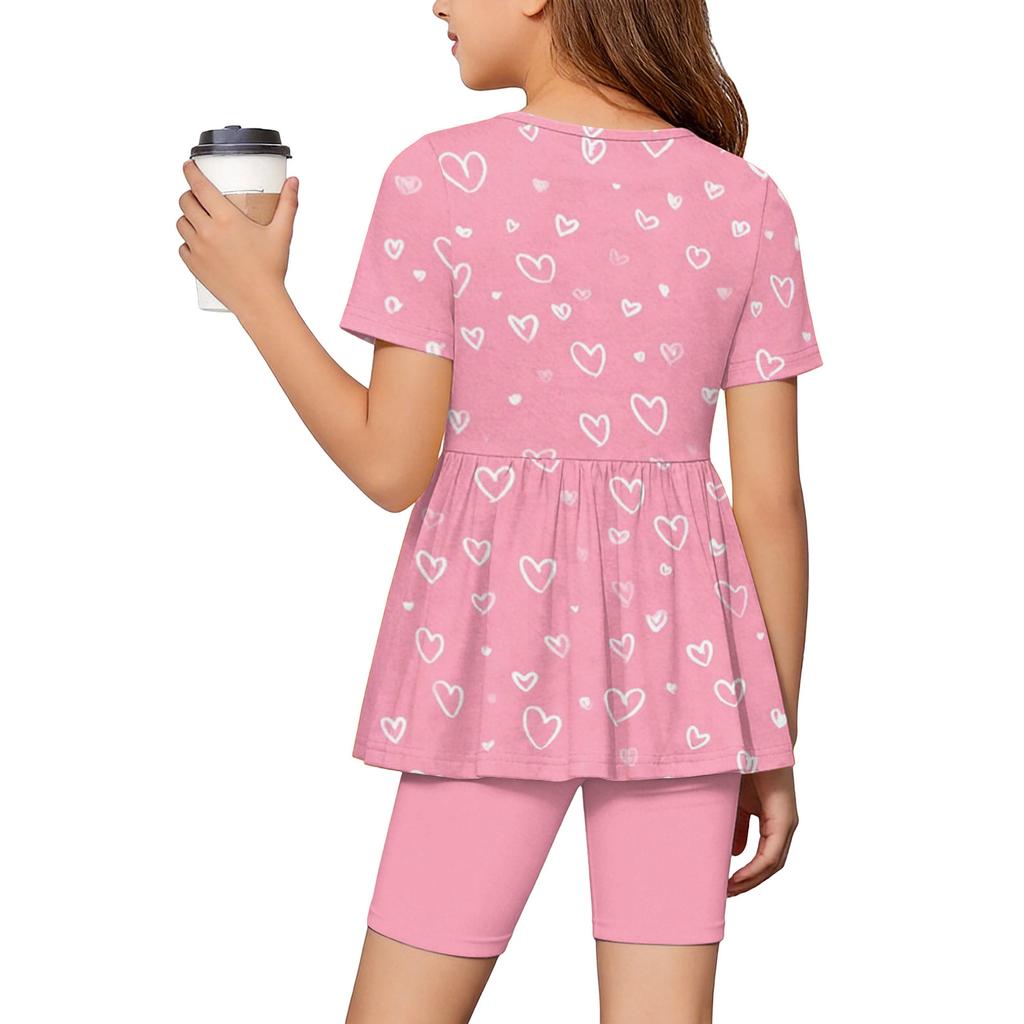 Girls Summer Outfit Set Short Sleeve Ruffle Hem Top and Shorts with Heart Pattern Casual Lightweight Clothing for Kids