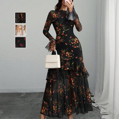 Vintage Black Floral Long Dresses Elegant Flare Sleeve Ruffle Maxi Evening Party Dress Women Mesh Beach Transparent