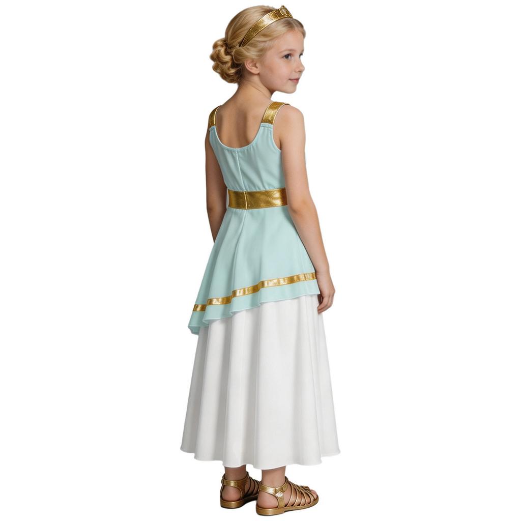 Kids Girls Ancient Greek Costume Color Blocked Layered Robe Sleeveless Side Invisible Zipper Metallic Trim Dress for Halloween Role Play Party