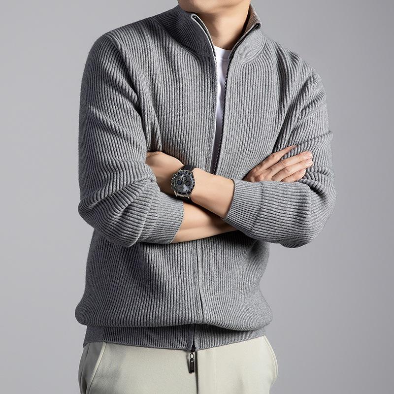 Men's Stand Collar Wool Cardigan Sweater - Casual Zipper Jacket for Autumn/Winter