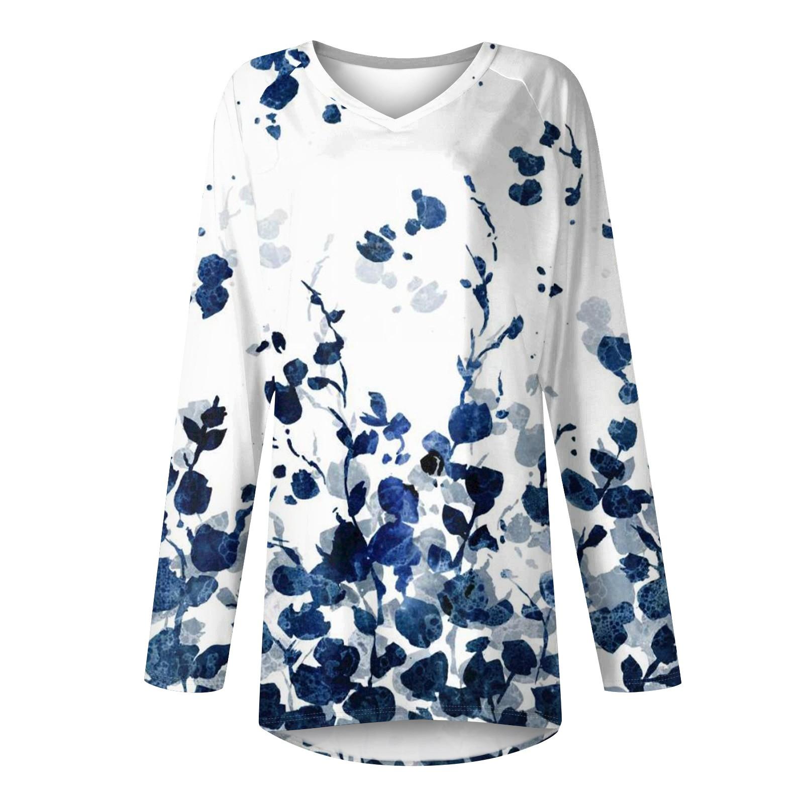 Женская повседневная длинная свободная футболка с длинными рукавами и v-образным вырезом — фото 5