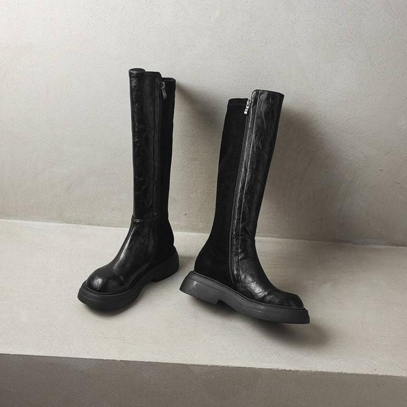 Herbst- und Winterstiefel mit dicker Sohle, seitlichem Reißverschluss, rutschfest, Martin-Stiefel für Damen, koreanische Version, runde Spitze, Blockabsatz, einfarbig, neue Gummisohlen-Overknee-Stiefel