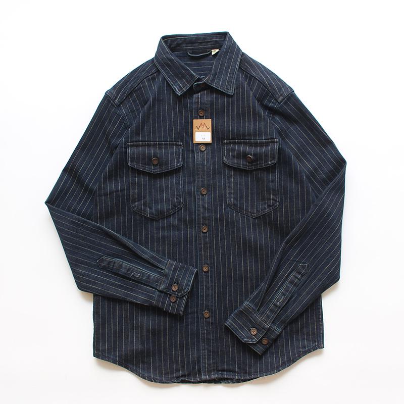 Men's Casual Retro Striped Denim Shirt Jacket - Long-Sleeved, Loose Fit for Spring and Autumn