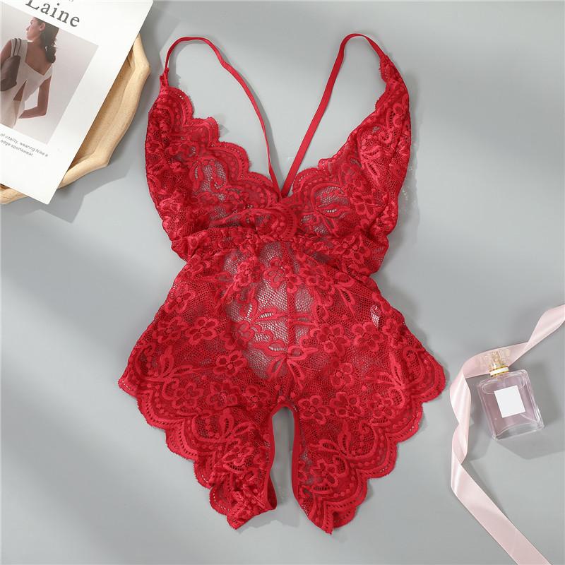 Lingerie Women Lace Transparent Pajamas Set Sexy Sleepwear Deep V Pajama Set Erotic Nightdress