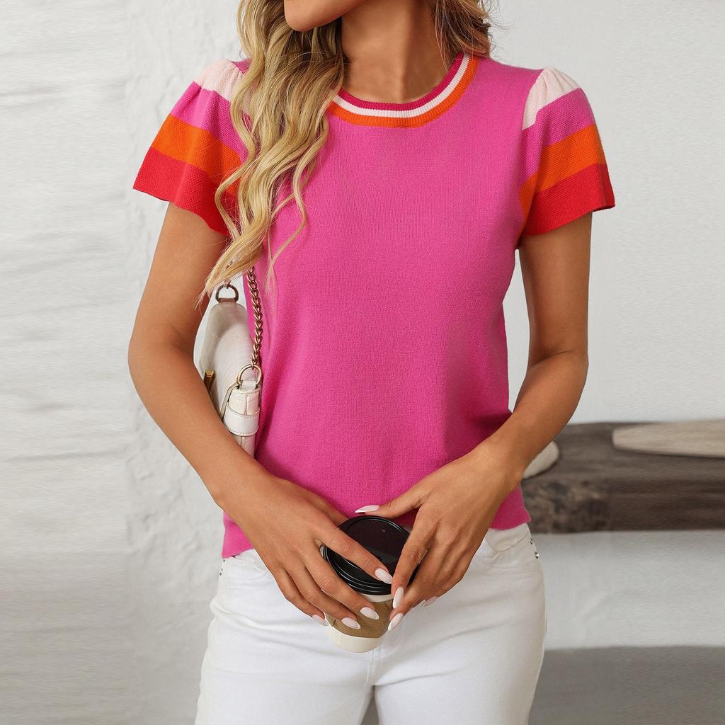 Women's Crew-neck Knitted Top Color Sweet Short-sleeved Sweater Top