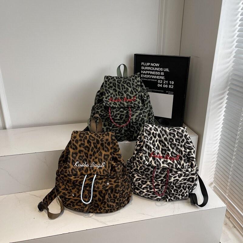 Schoolbag Drawstring College Student Schoolbag Trendy Cool Leopard Print Canvas Backpack Women's Autumn and Winter New Casual Large-capacity Travel