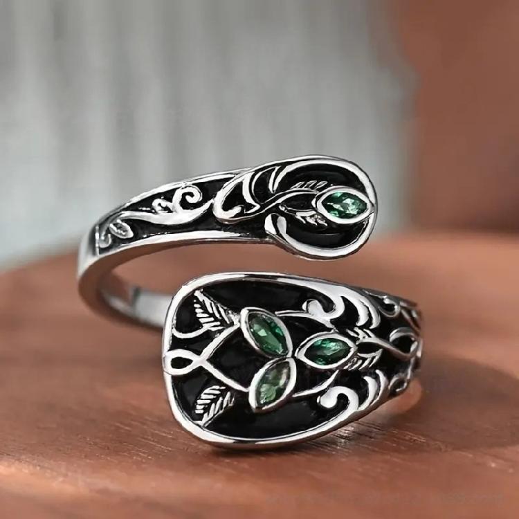 Elegant Adjustable Green Marble Leaf Ring Vintage Spoon Designs Jewelry Alloy Bohemian Thumb Ring For Women Gift