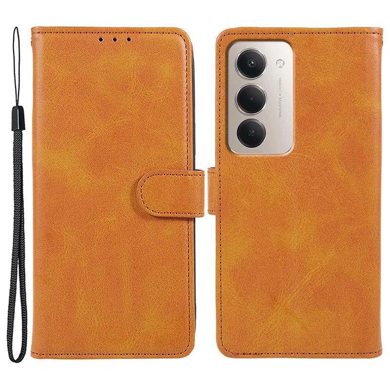 

For Xiaomi Redmi 15 5G Case Calf Texture PU Leather Wallet Phone Cover with Wrist Strap Khaki