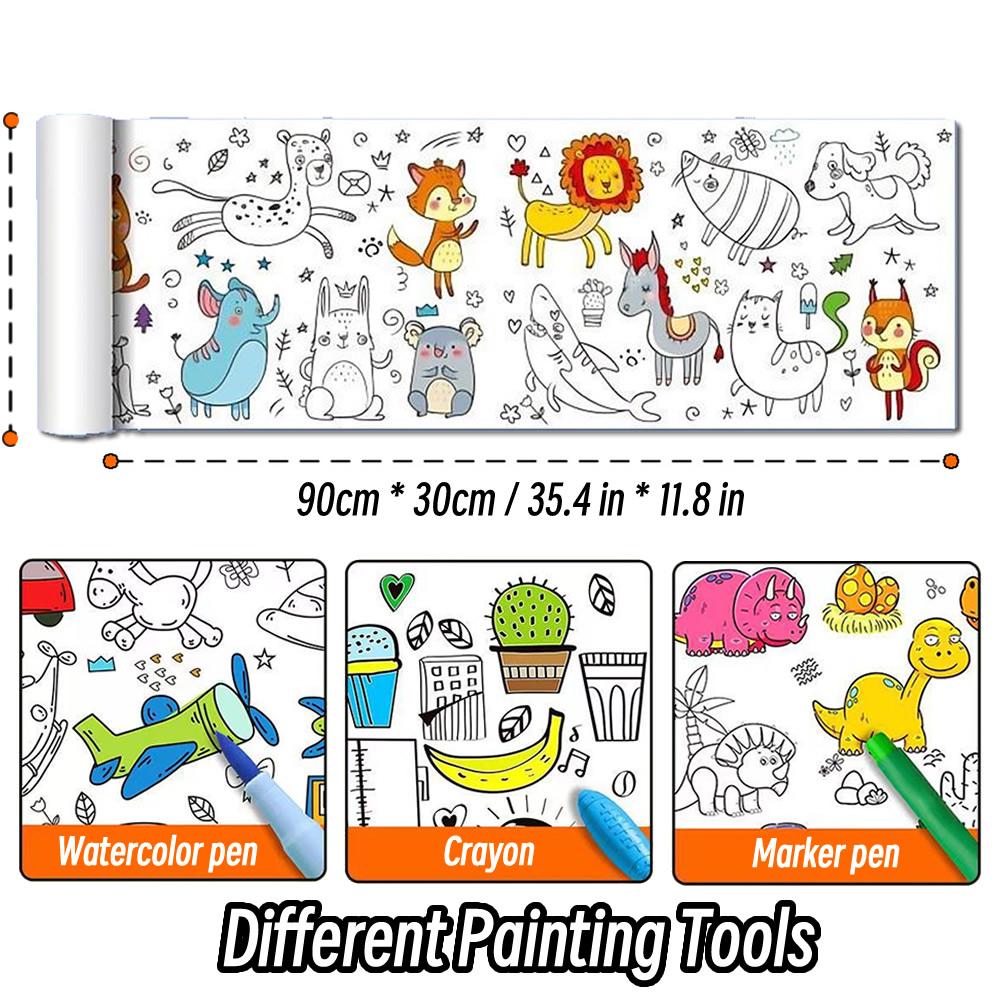 Rollo de papel para colorear de 90 cm con diseño de animales para niños, ideal para rellenar con colores, grafiti, recortes de papel, pintura, material educativo escolar.