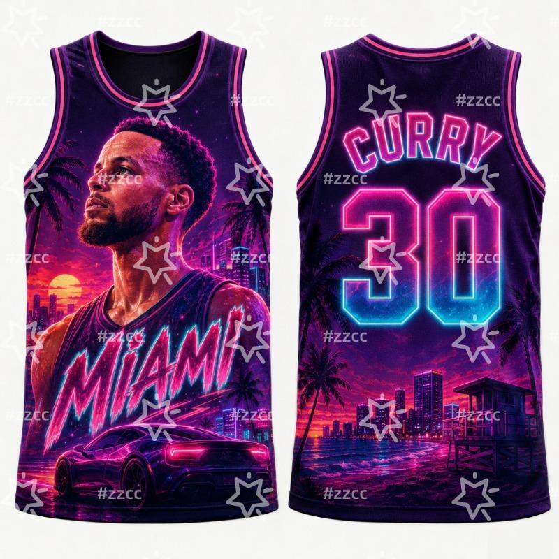 2026 Curry #30 Basketball Jersey Retro Open World Crime City Print Men 90s Florida Neon Street Style Basketball Fan Casual Vest