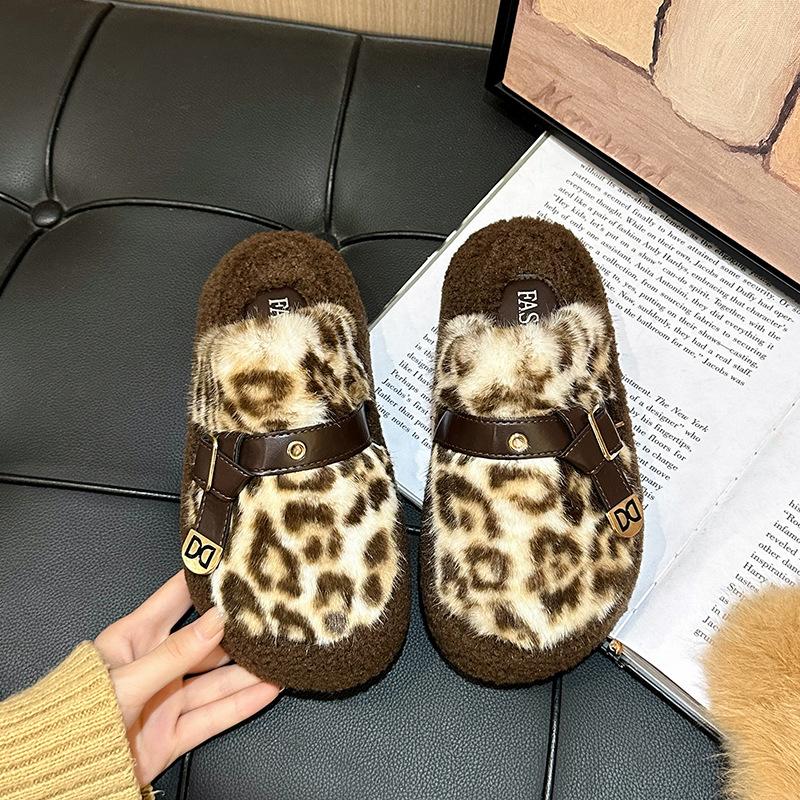 Mao Mao Slippers Women's Thick Bottom Women's Outer 2025 Autumn and Winter New Internet Celebrity Fashion Leopard Print Home Plush Winter Cotton Slipp