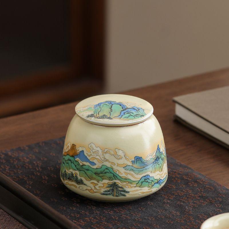 Chinese Ceramic Candy Jar Landscape Flower Decoration Jar Portable Tea Box Vintage Nut Coffee Bean Medicinal Herb Storage Bottle