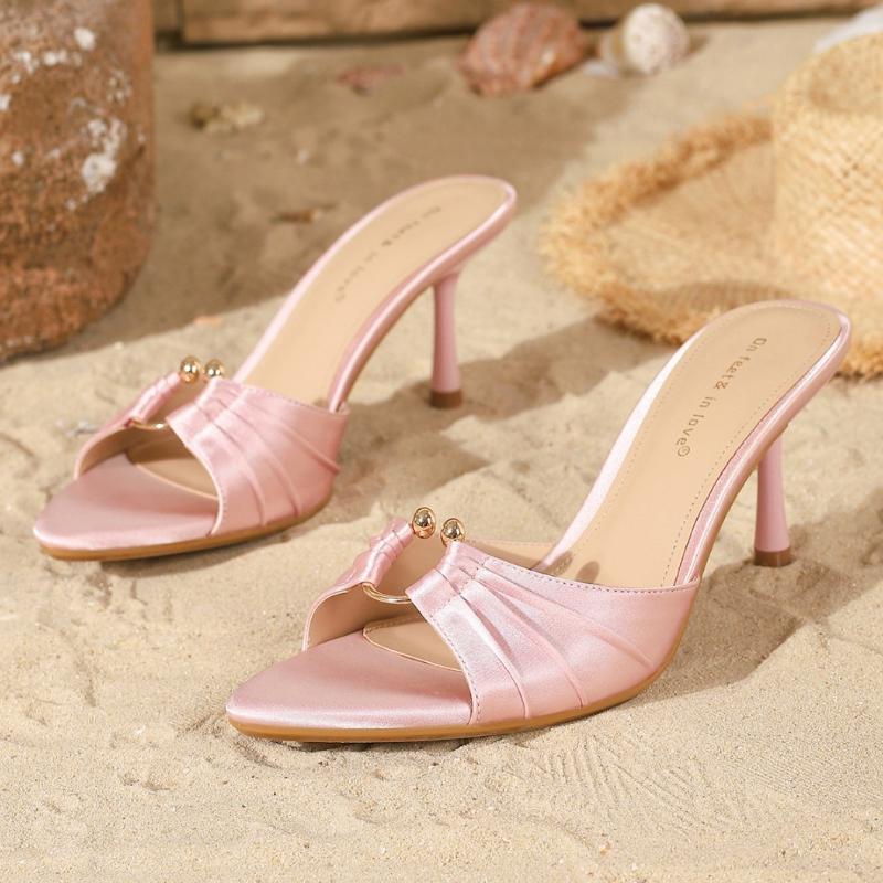 Fashion Summer Sexy Open Toe Brand Slippers Women Fashion Metal Decoration Pleated Design High Heels Sandals Elegant Wedding Bridal Shoe