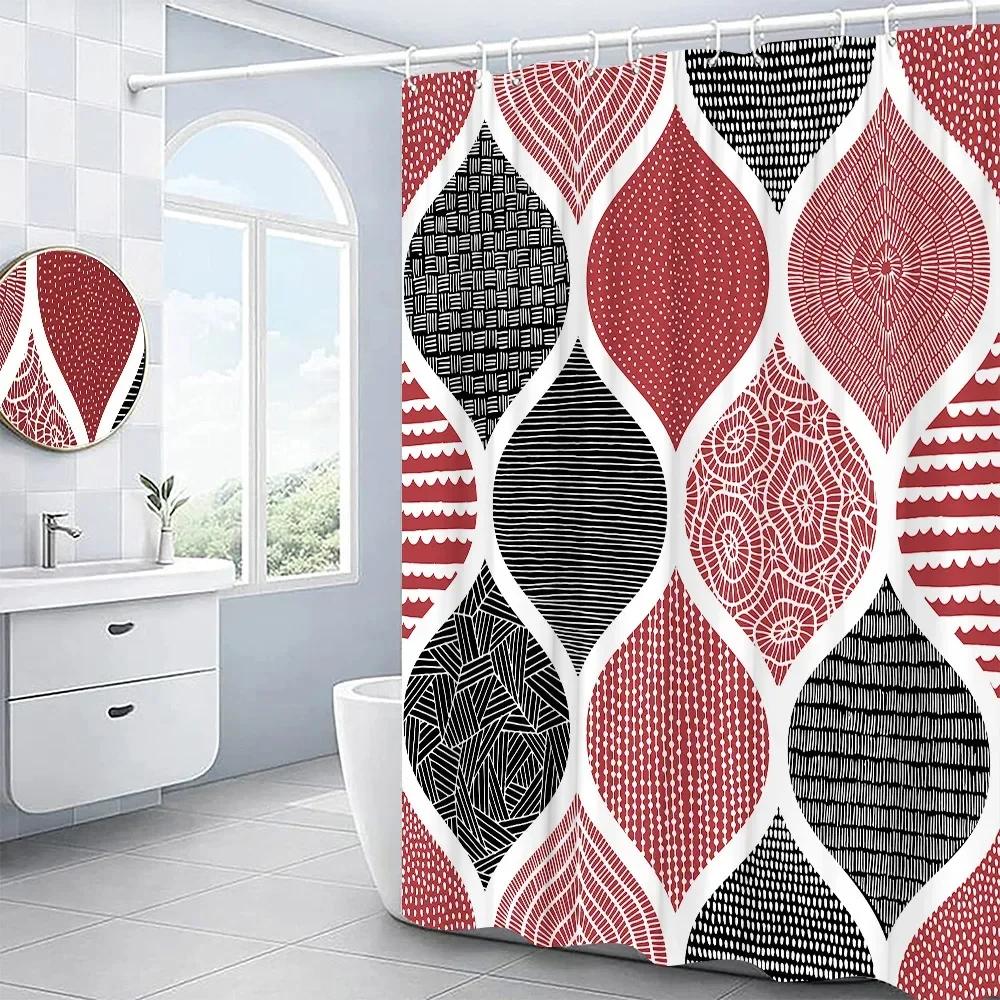 Modern 3D Geometry Shower Curtains Set Red Orange Grey Yellow Lattice Fabric Bathroom Accessories Black and Gray Bath Curtains