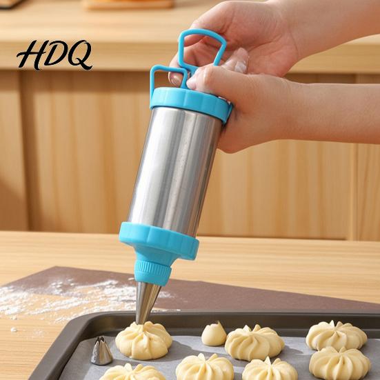 Handheld Baking Press for Cookies Stainless Steel Cookie Decorating Piping Kit Ergonomic Push Dispenser And Durable Nozzles Design Icing Dough Cream