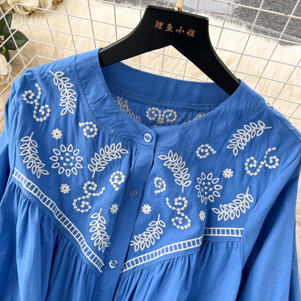 Vintage Bohemian Long Dress for Women A-line Embroidery Lace-up O Neck Lantern Sleeve Holiday Autumn Vestidos