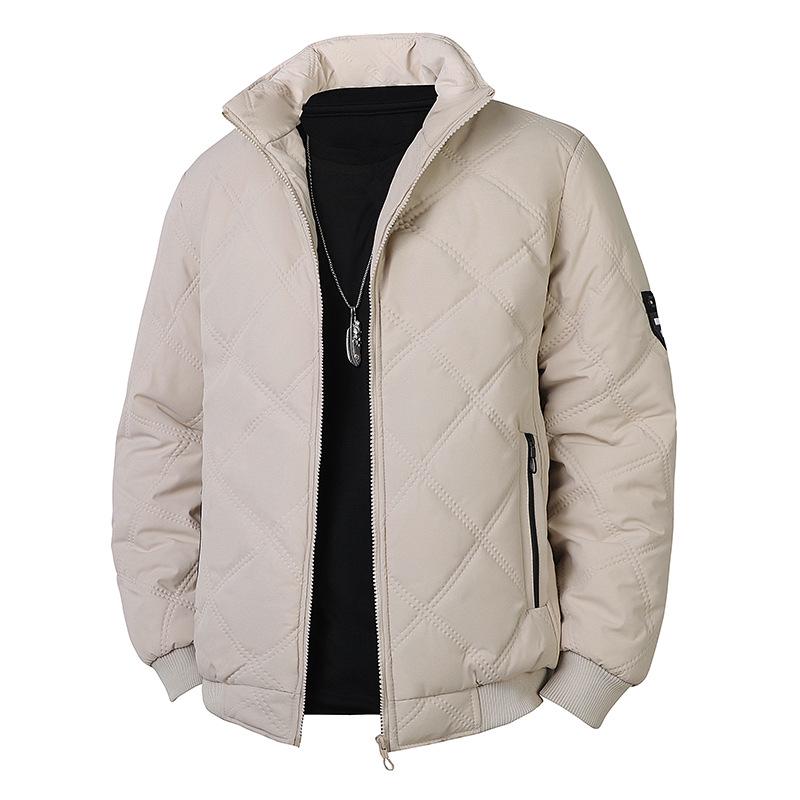 Men's 2025 Cross-border Diamond Plaid Stand Collar Jacket - Autumn/Winter Warm, Velvet-Lined Cotton Coat