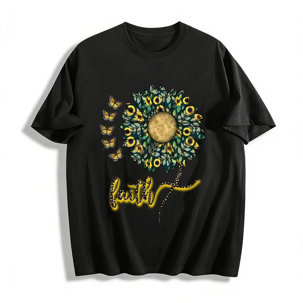 Faith Sunflower Butterfly Print Casual Tee Inspirational Graphic Top Pure cotton T-shirt XXS