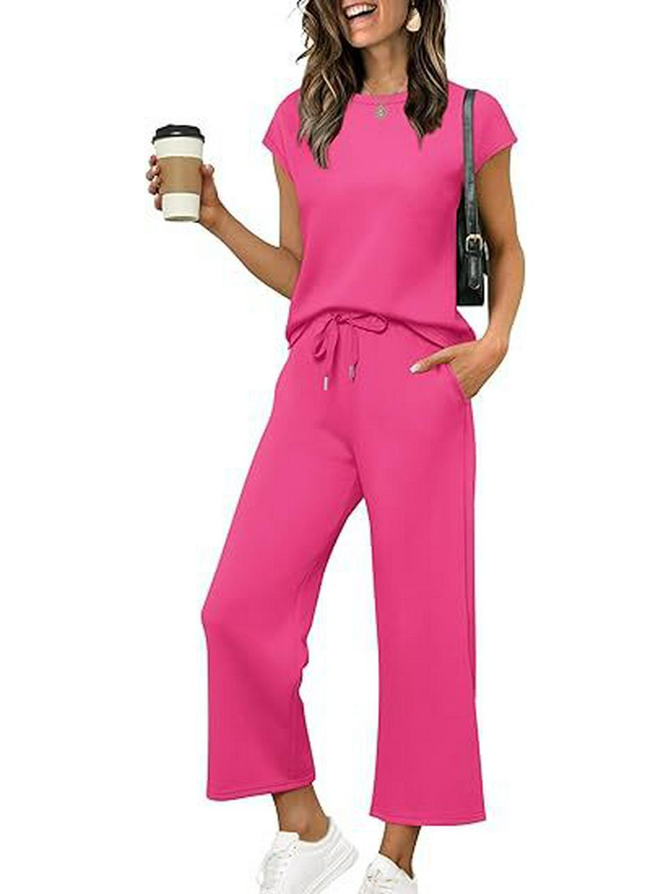 

Women s Solid Color Round Neck T-shirt & Drawstring Long Pants Two-Piece Set - Casual Fashion XXL розы красного