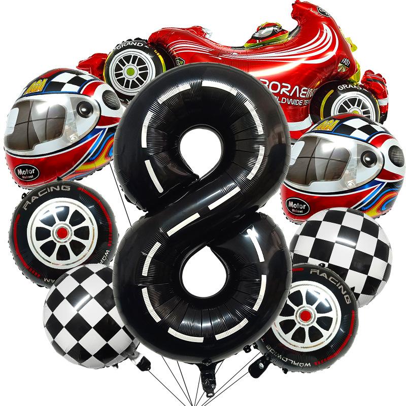 8 Pcs Racing Party Decoration 40inch Black Number Balloon Plaid Balloon Tire Balloon Striped Racing Tire Grid Digital